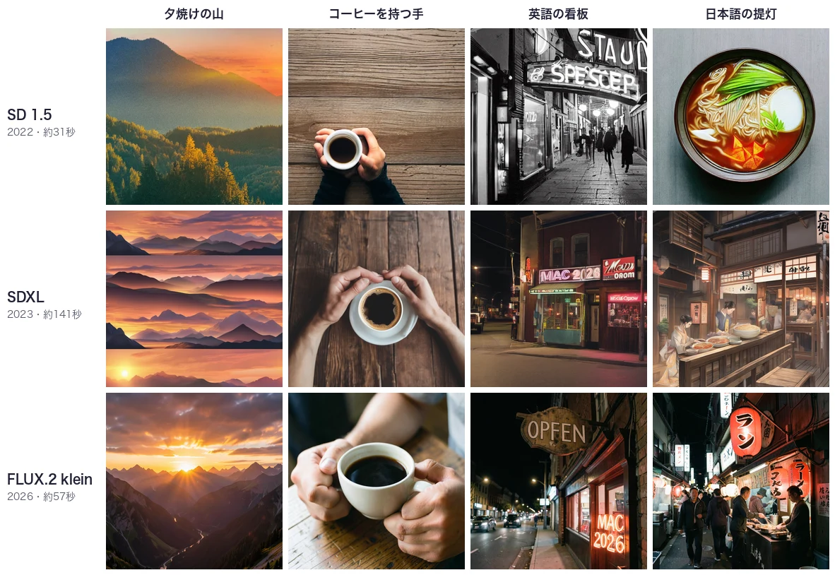 SD 1.5・SDXL・FLUX.2 kleinに同じ4つのプロンプトを与えた比較。SD 1.5は日本語の文章でラーメンの丼を描き、SDXLは山が帯状に崩れ、FLUX.2 kleinは写真のように自然