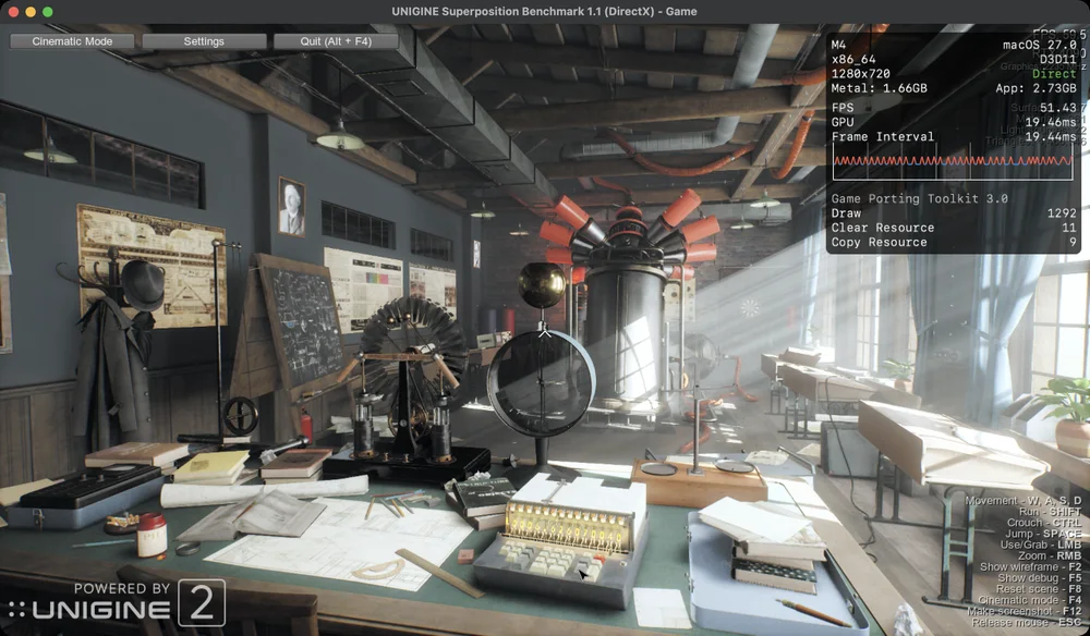 Superpositionのゲームモードの出発地点。右上のMetal HUDに、M4・macOS 27.0・D3D11・1280x720・Metal 1.66GB・Game Porting Toolkit 3.0・Draw 1292と表示されている