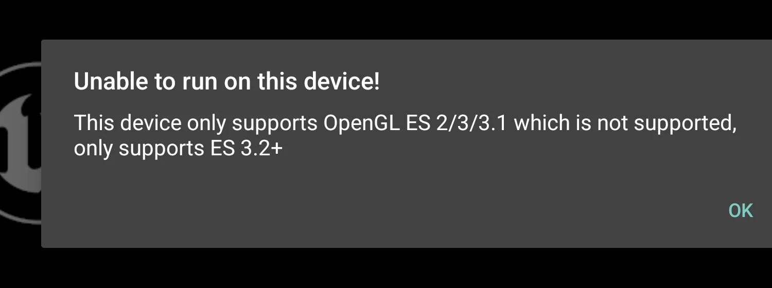 Androidエミュレータで『この端末はOpenGL ES 3.1までしか対応しておらず、UEはES3.2以上が必要』というエラー