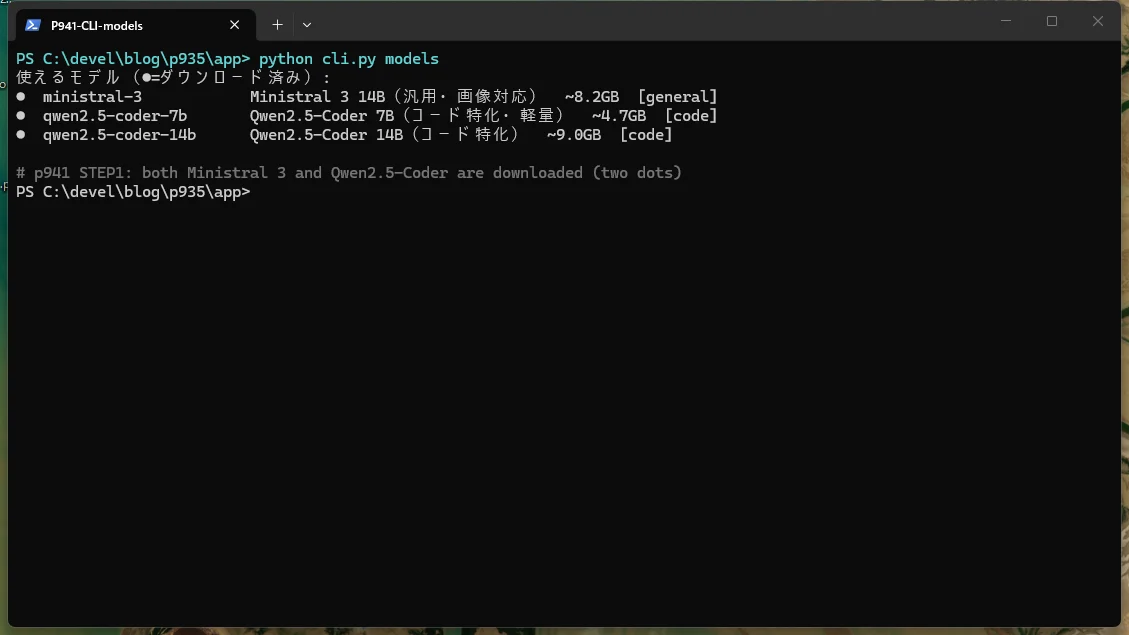 cli.py models で3モデル(Ministral 3・Qwen2.5-Coder 7B・14B)がダウンロード済みと表示される画面