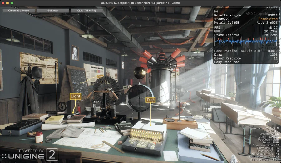 Unigine SuperpositionがGPTK上でDirectX 11で動いている画面