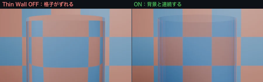 Thin WallをOFFとONで切り替えたガラスの筒。OFFでは背景の格子がずれ、ONでは連続する