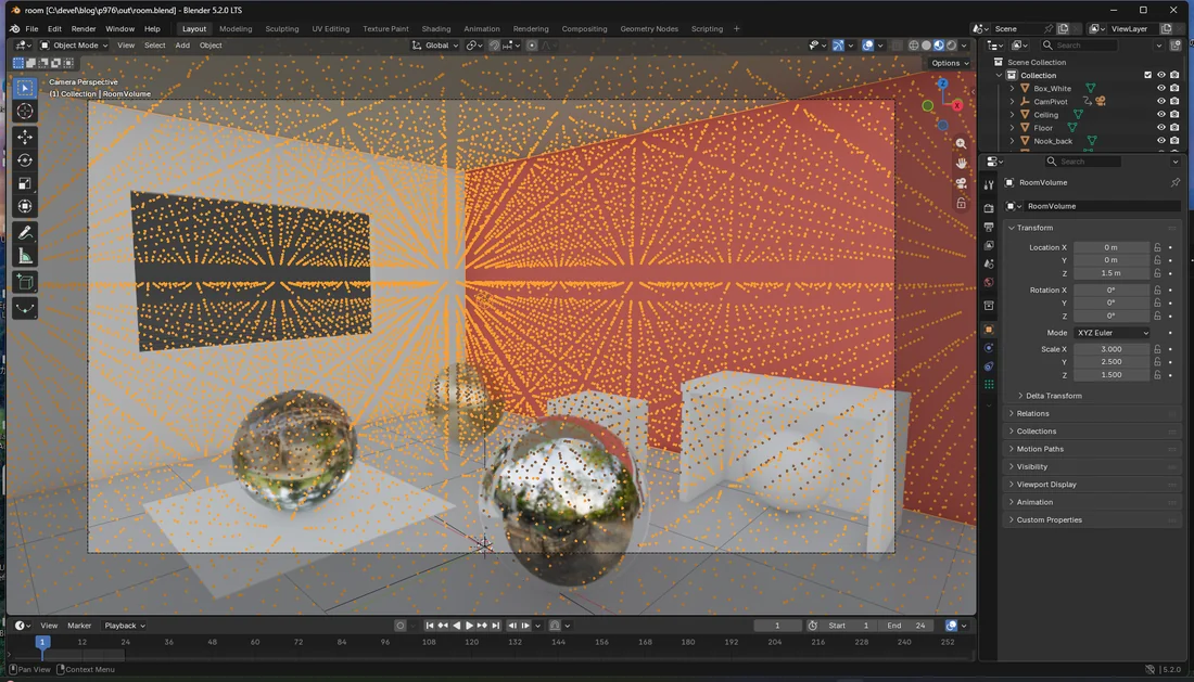 部屋にライトプローブを置いた状態のBlenderのビューポート
