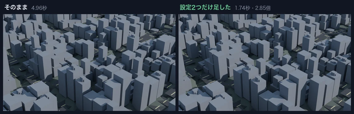 街シーンで設定2つを足す前後の比較