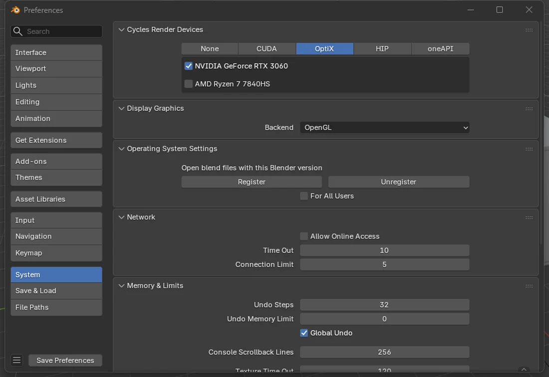 BlenderのプリファレンスでOptiXを選んだ画面