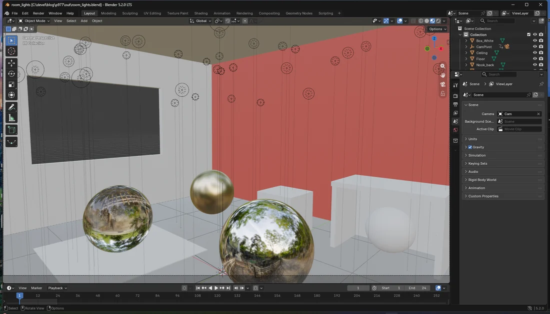 光源を60個置いた部屋のBlenderビューポート