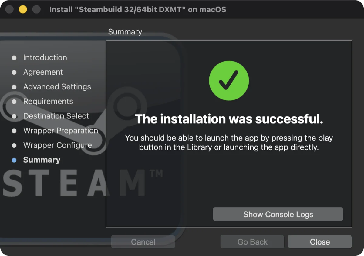 Porting Kitのインストーラの最終画面。The installation was successful. と緑のチェックマークが表示されている
