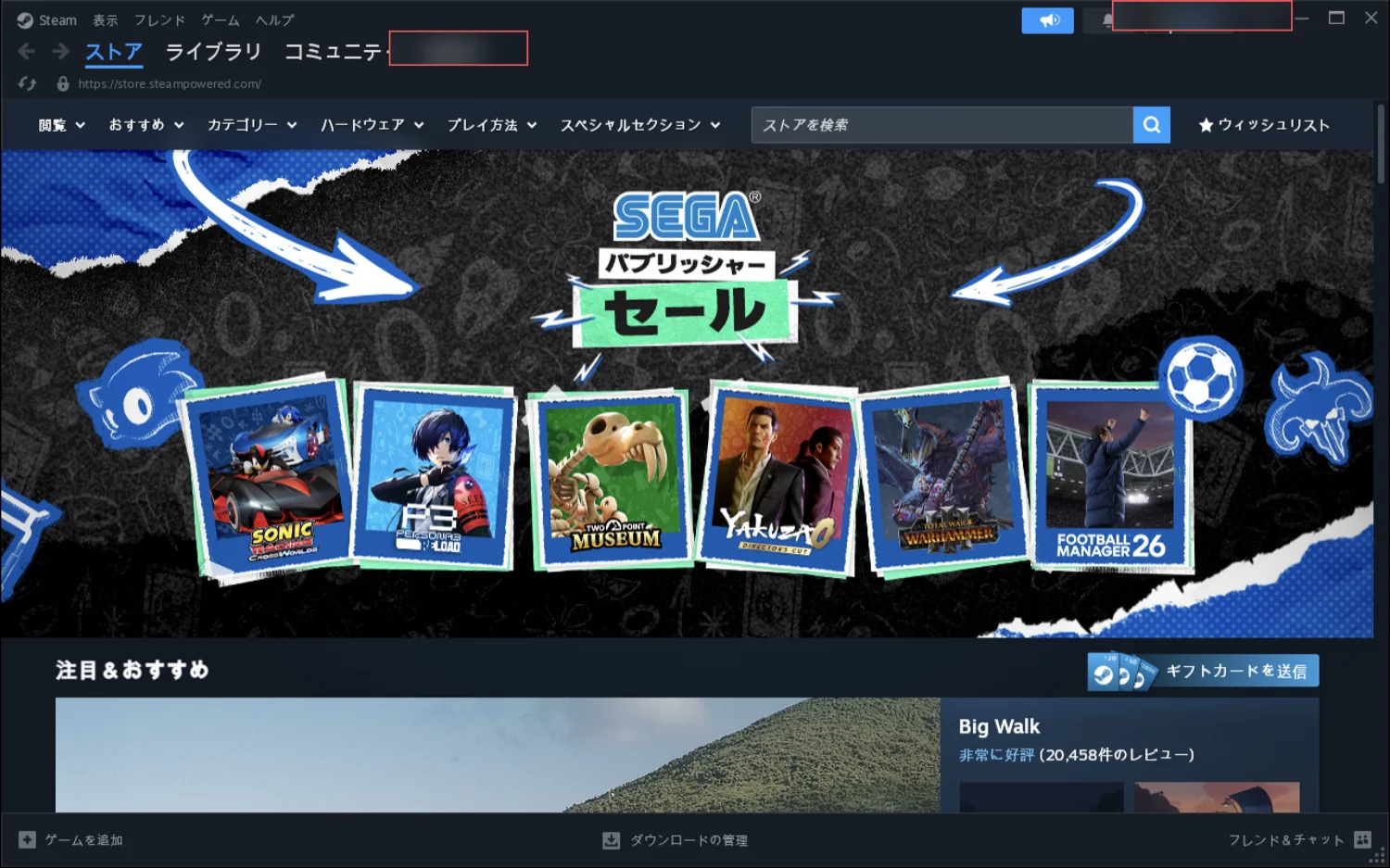 Wine上で動作しているSteamクライアント本体。ストアページのバナー画像、日本語のメニュー、検索窓などがすべて正常に表示されている