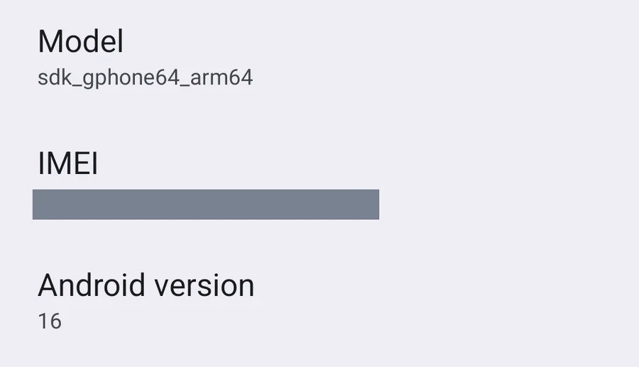 エミュレータの端末情報。モデルは sdk_gphone64_arm64、Androidバージョンは16
