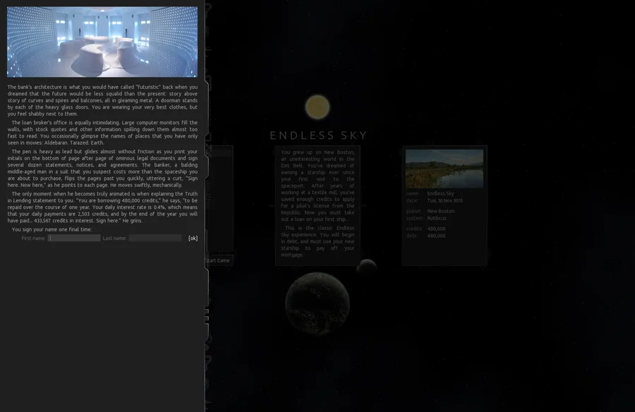 Endless Skyのゲーム開始直後の会話画面。挿絵と本文が表示されている