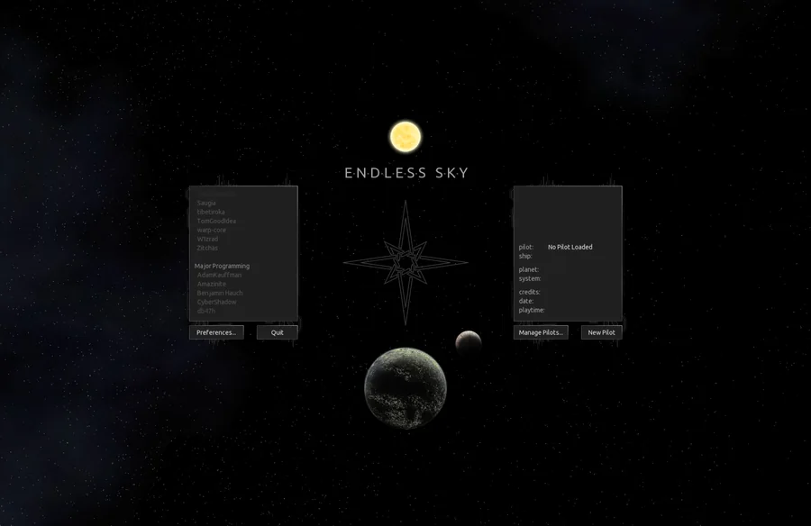 MacのWhisky上で動いているEndless Skyのタイトル画面。惑星と星が描画されている