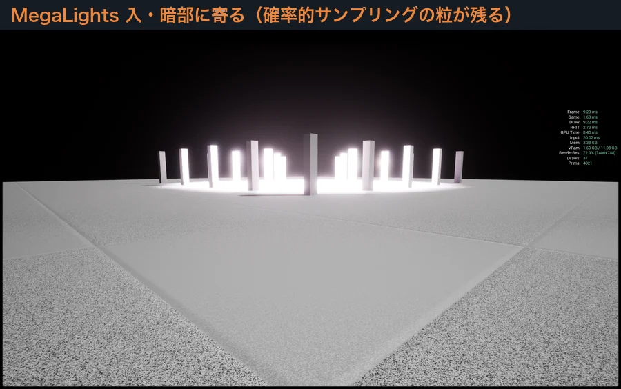 MegaLights有効時に暗部へ寄った画面。粒状のノイズが残っている