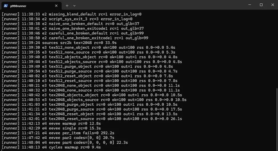 Windowsで実験を回しているコンソール画面。実験3のメモリ欄がすべて0.0になっている