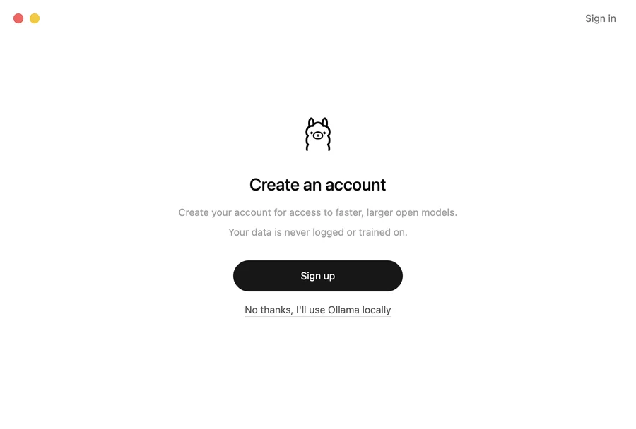 Create an account の画面。Sign up ボタンの下に No thanks, I'll use Ollama locally のリンクがある
