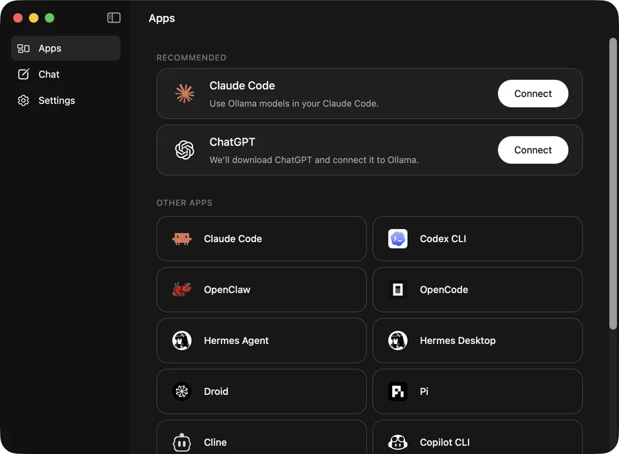 Ollamaアプリのメイン画面。左に Apps・Chat・Settings、右に Claude Code や ChatGPT などの連携アプリの一覧