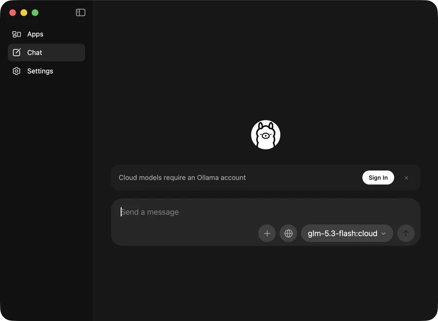 Ollamaアプリのチャット画面。入力欄の右下に glm-5.3-flash:cloud と表示され、上に Cloud models require an Ollama account の案内
