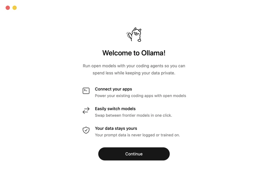 Ollamaアプリの初回画面。Welcome to Ollama! と Continue ボタン