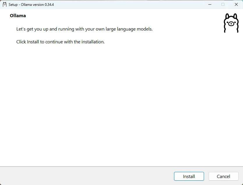 Windows版Ollamaのインストーラ。Setup - Ollama version 0.34.4 の画面に Install と Cancel のボタン