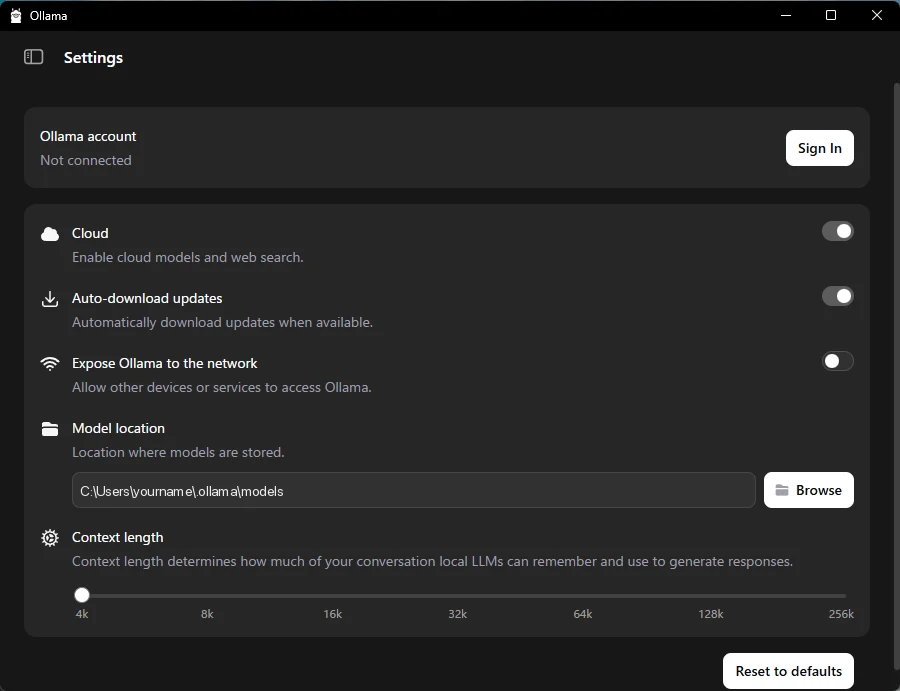 Windows版Ollamaの設定画面。Cloud と Auto-download updates がオン、Context length のスライダーが左端の 4k