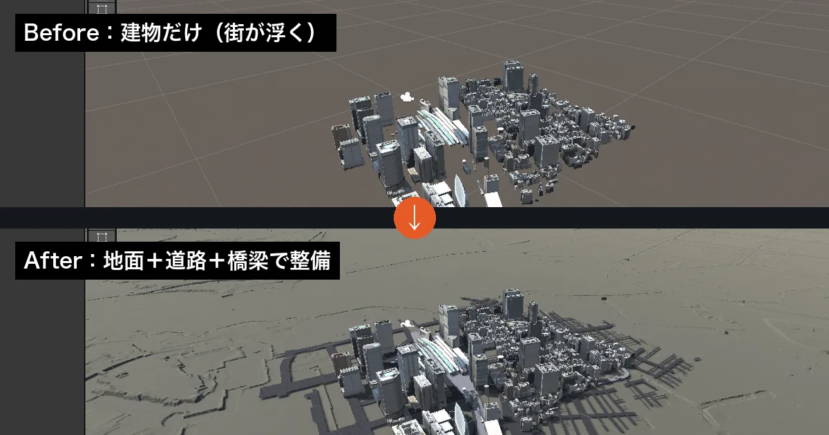 PLATEAUの街に地面・道路・橋梁を入れて整備してみた〜建物だけの街を「本物の街並み」に〜