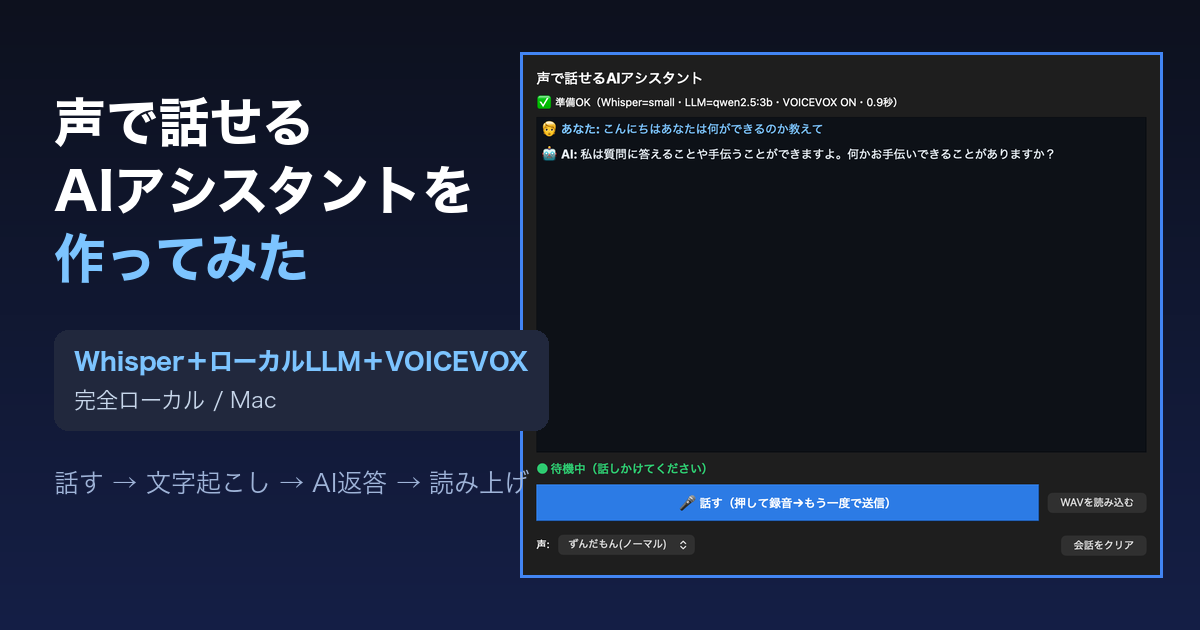 声で話せるAIアシスタントを作ってみた〜Whisper＋ローカルLLM＋VOICEVOXを1つに統合（完全ローカル）〜