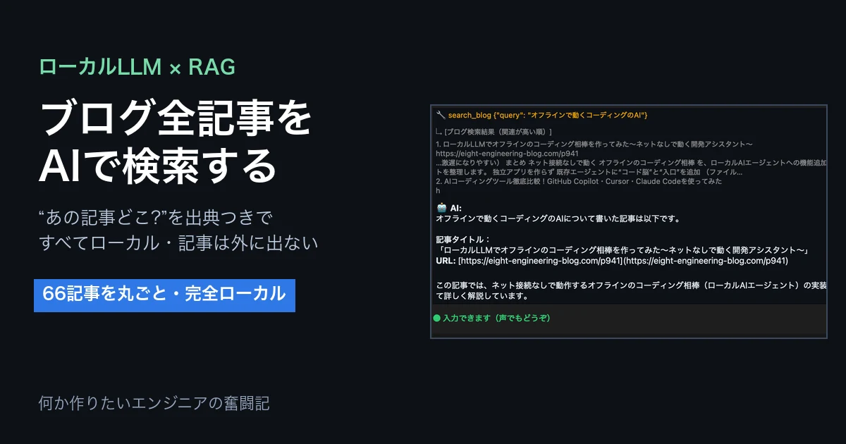 ローカルLLMでブログ全記事をAI検索し、出典つきで答える画面